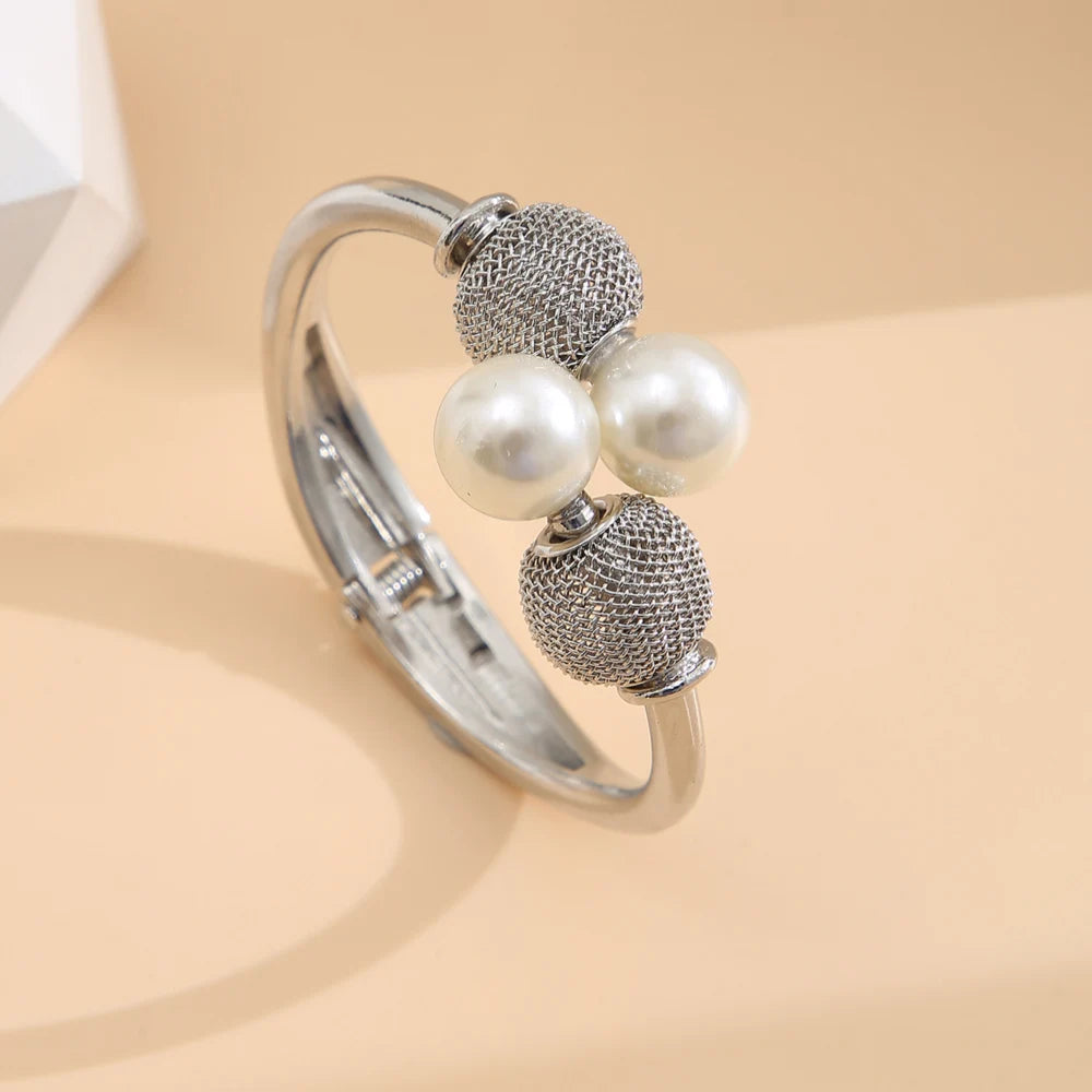 Pearl Ball Bangle Bracelet- Open Cuff Mesh Net