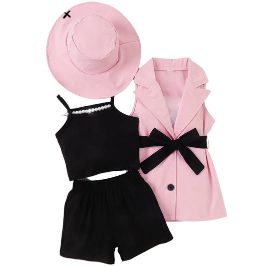 4pcs -Girl's Blazer Set -jacket + Black Vest + Shorts + Sun Hat