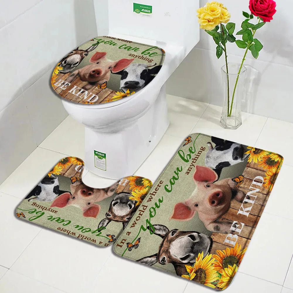 Juego de baño de 1 a 4 piezas: cortina de ducha con diseño de vacas de las Tierras Altas, cortina, alfombra antideslizante, alfombrilla de baño y tapa de inodoro