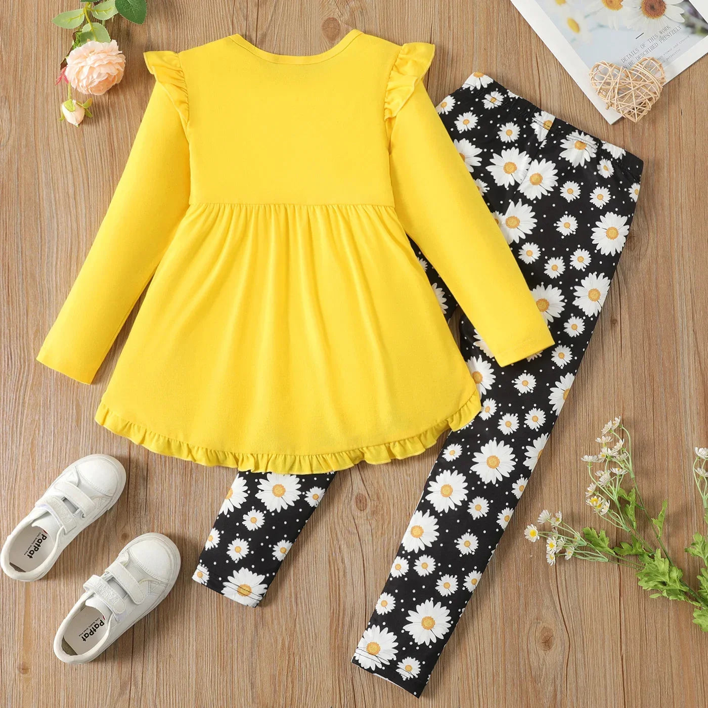 2pcs  Set- Girl Long-sleeve top with Ruffled bow Design and Floral Print Leggings