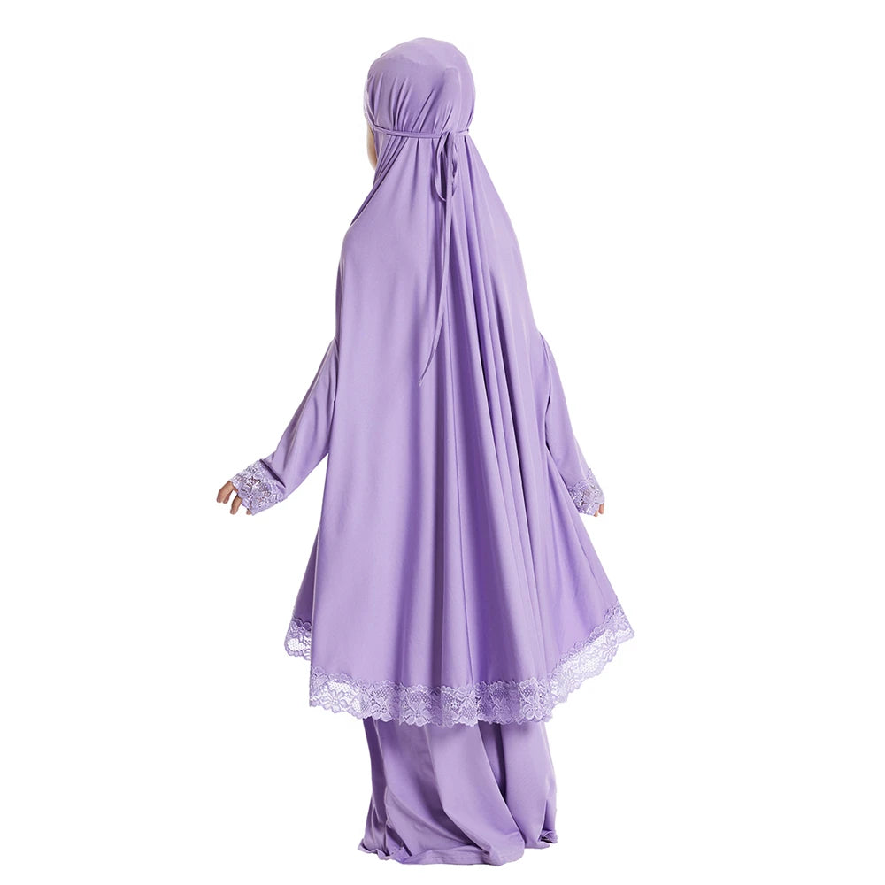 2Pcs Traditional Muslim Kids Girls Hooded Overhead Hijab Burqa Gown