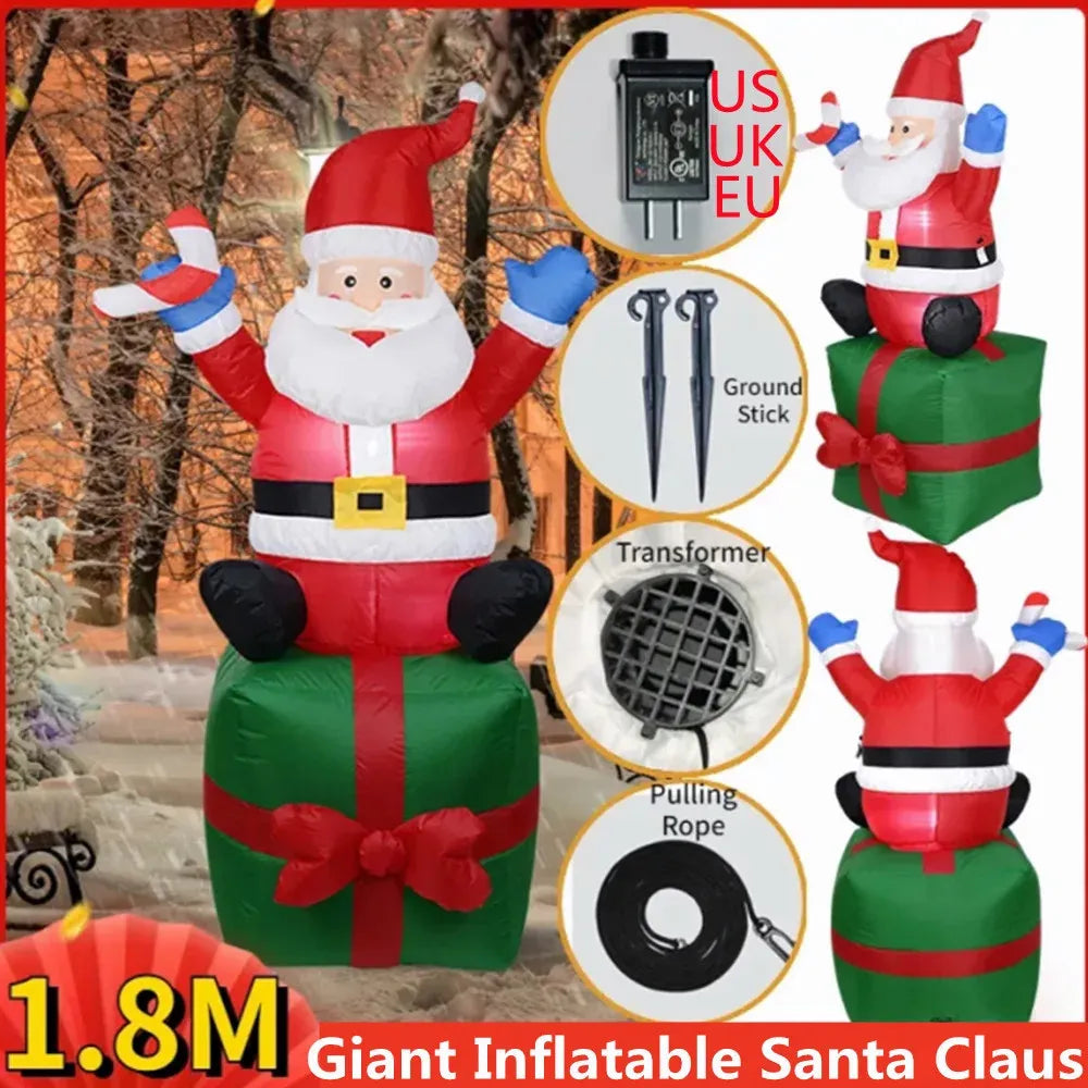 1.8M Christmas Inflatable Santa Claus Sitting Gift LED Light Inflatable Model Toy Outdoor Ornament Xmas New Year Party Decoratio