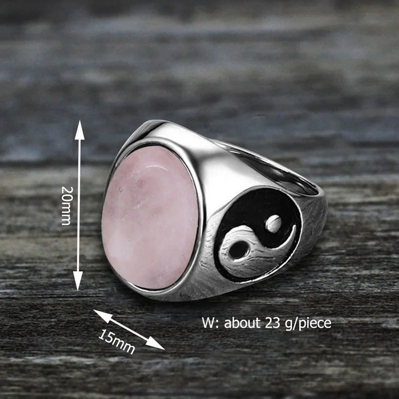 Oval Stainless Steel Yin And Yang Ring with Natural Stone