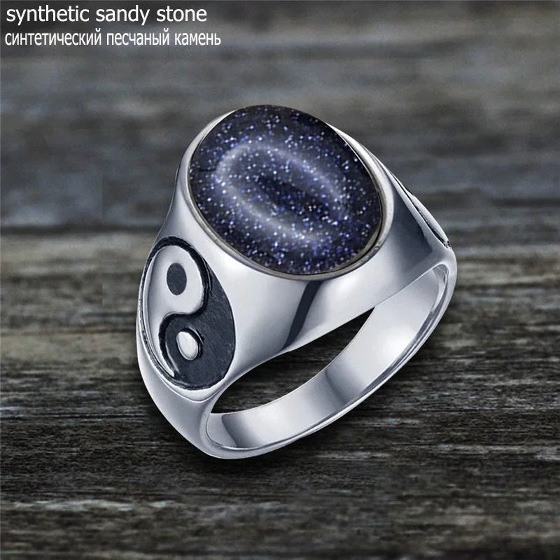 Oval Stainless Steel Yin And Yang Ring with Natural Stone