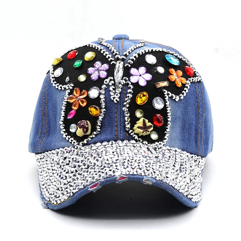 Women's Denim Rhinestone Butterfly base ball cap with full Crystal  Rhinestone Bill