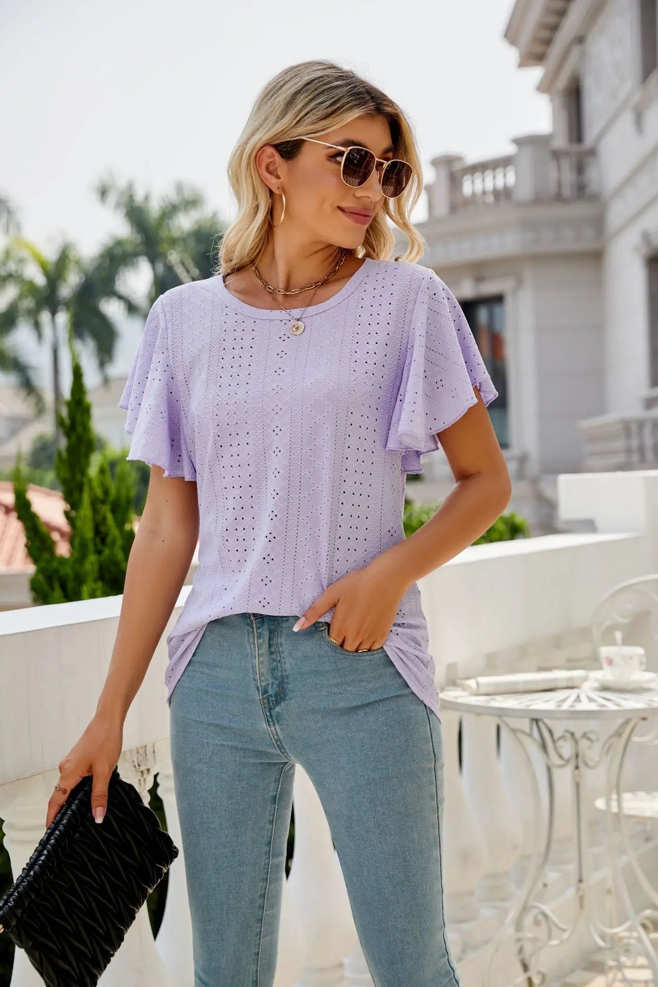 Hollow Round Neck T-Shirt with Ruffle Edge