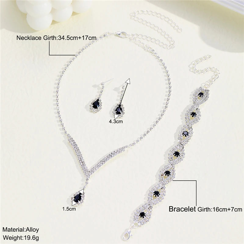 3 Pc- Rhinestone Bride Jewelry Set- Black Water Drop Crystal Earrings + V Necklace + Bracelet