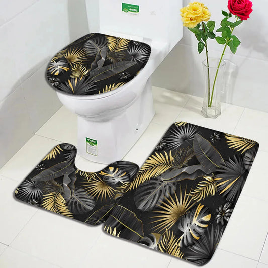 3pcs non slip Bath Mat Set -Gold & Black Leaves Monstera Palm Leaf floor Rugs + Toilet Lid Cover