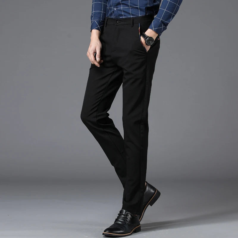 Men's Business Classic Casual Trousers -Slim Fit Black/Blue Elastic High Waist