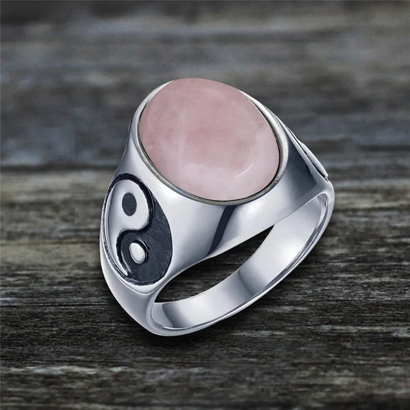 Oval Stainless Steel Yin And Yang Ring with Natural Stone