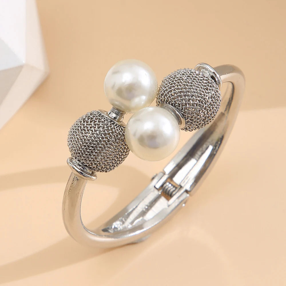 Pearl Ball Bangle Bracelet- Open Cuff Mesh Net