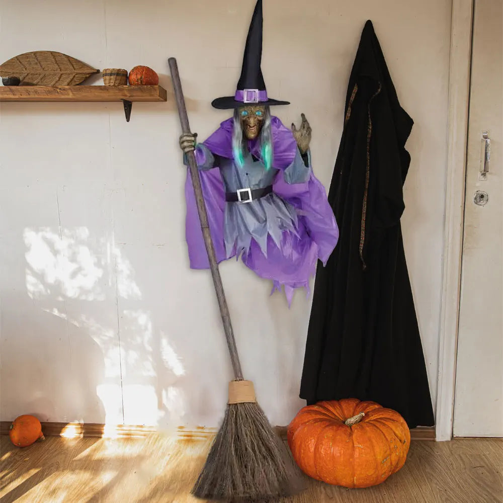 6 Foot Flying Witch Halloween Decoration- Makes Terrifying Sounds and Lights up