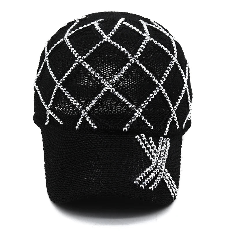 Woman's  Sequined Rhinestone Pearl Mesh Baseball Cap