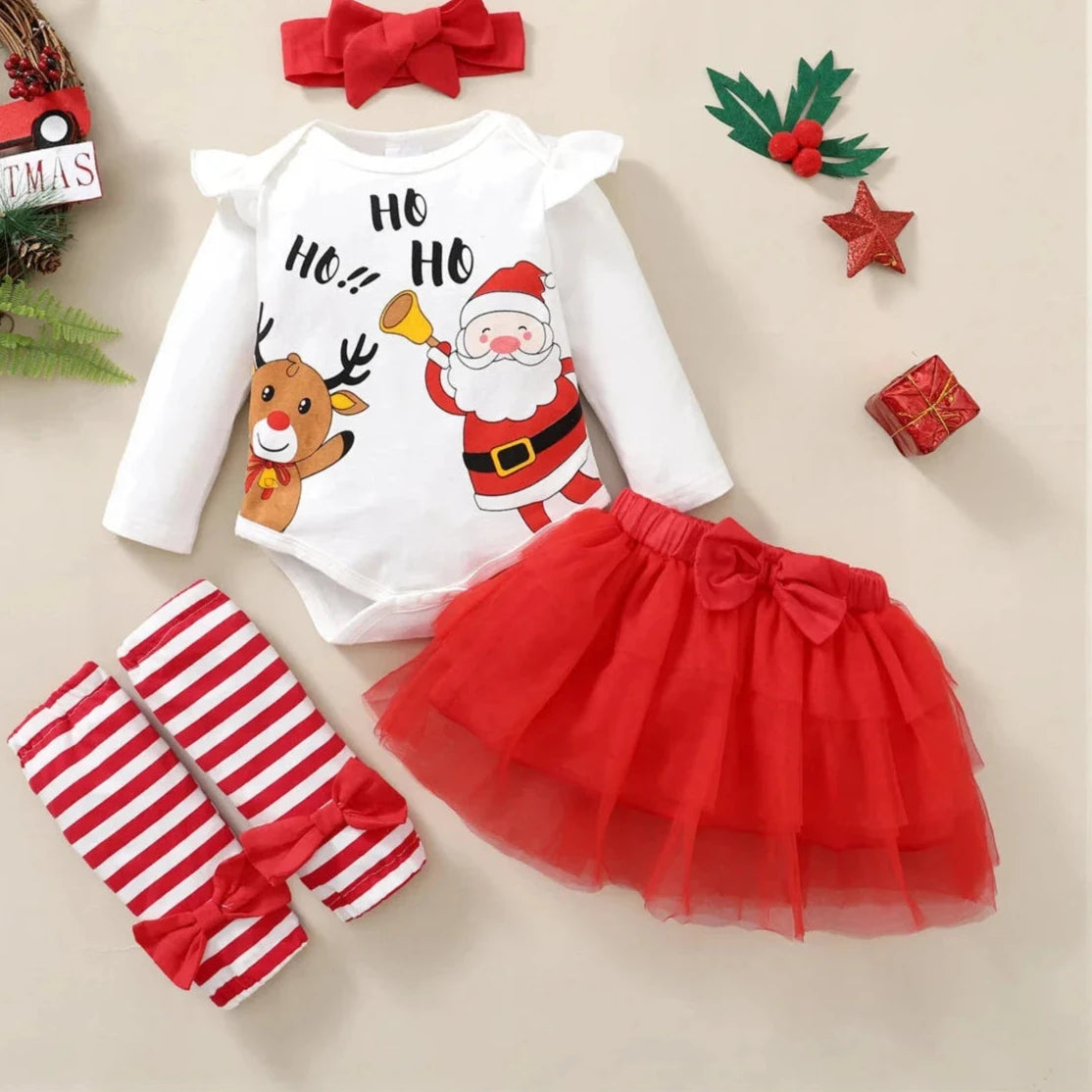 Baby Girl holiday Tassel Sleeve Romper and Plaid Bodysuit