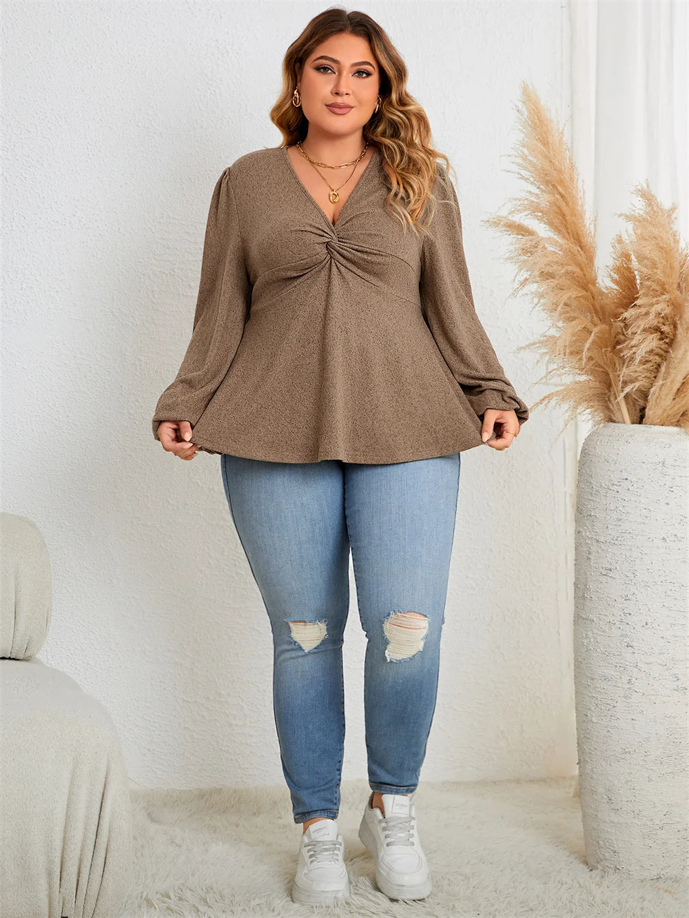 Plus Size Casual V Neck Twist Front Peplum Tunic Blouse with Full Lantern Sleeve