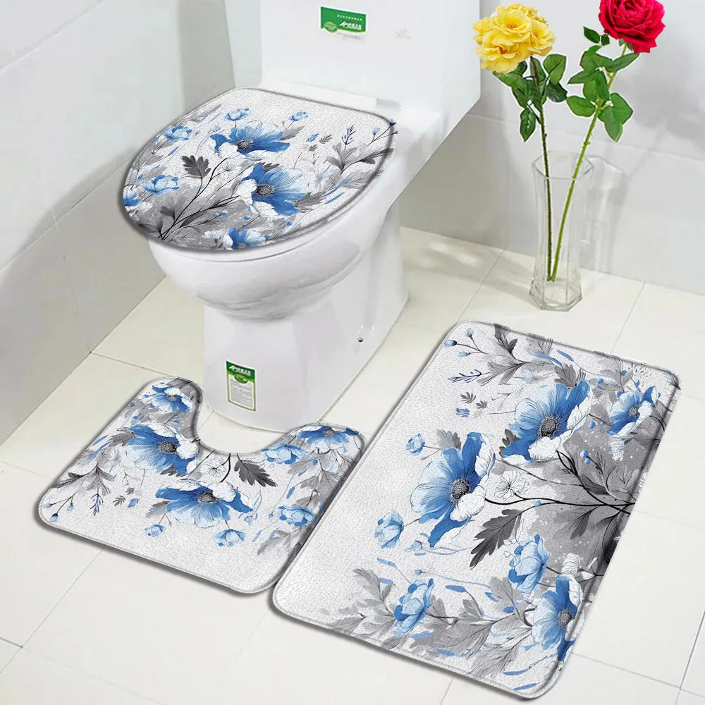 1-3pc set- Blue Floral Dandelion Flowers -Floor Rugs + Toilet Lid Cover