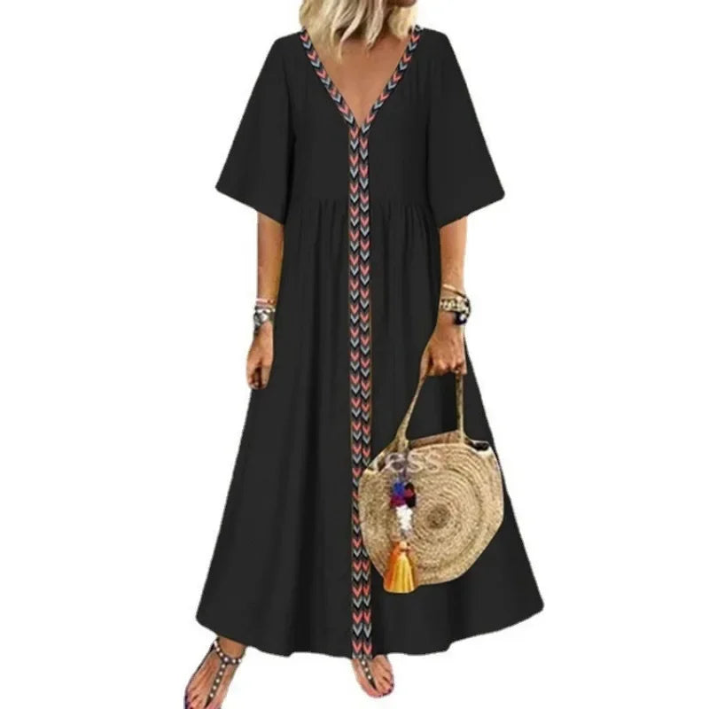 S-5X- Oversized Loose and Elegant V-neck Dress - Patchwork Line -S-5X