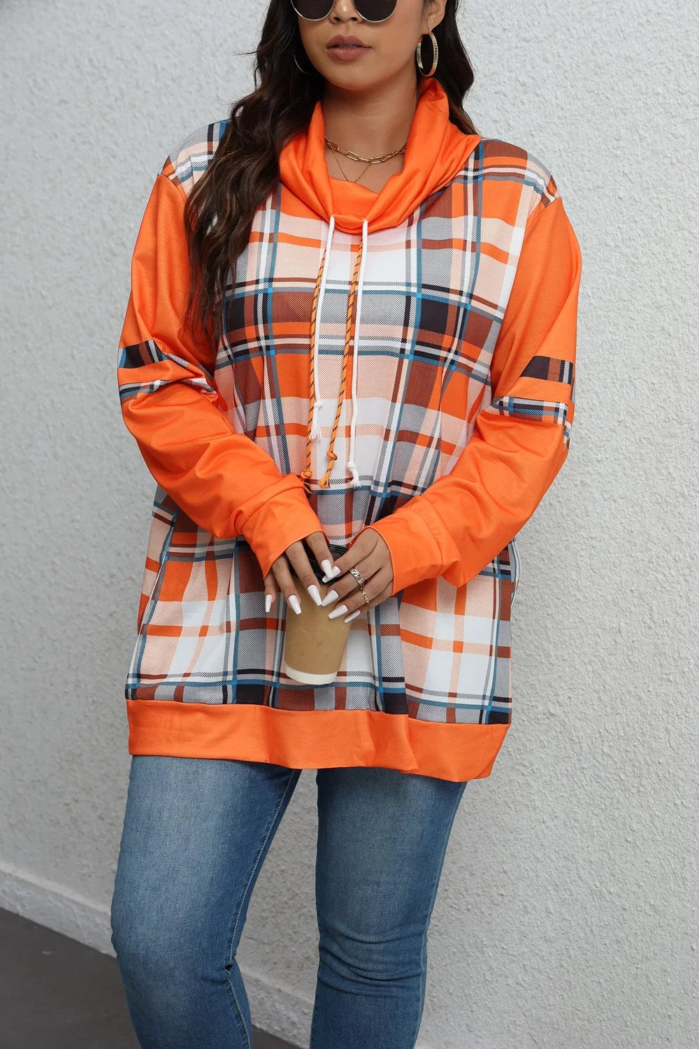 Plus Size- Hooded Sweatshirt -Plaid Printed