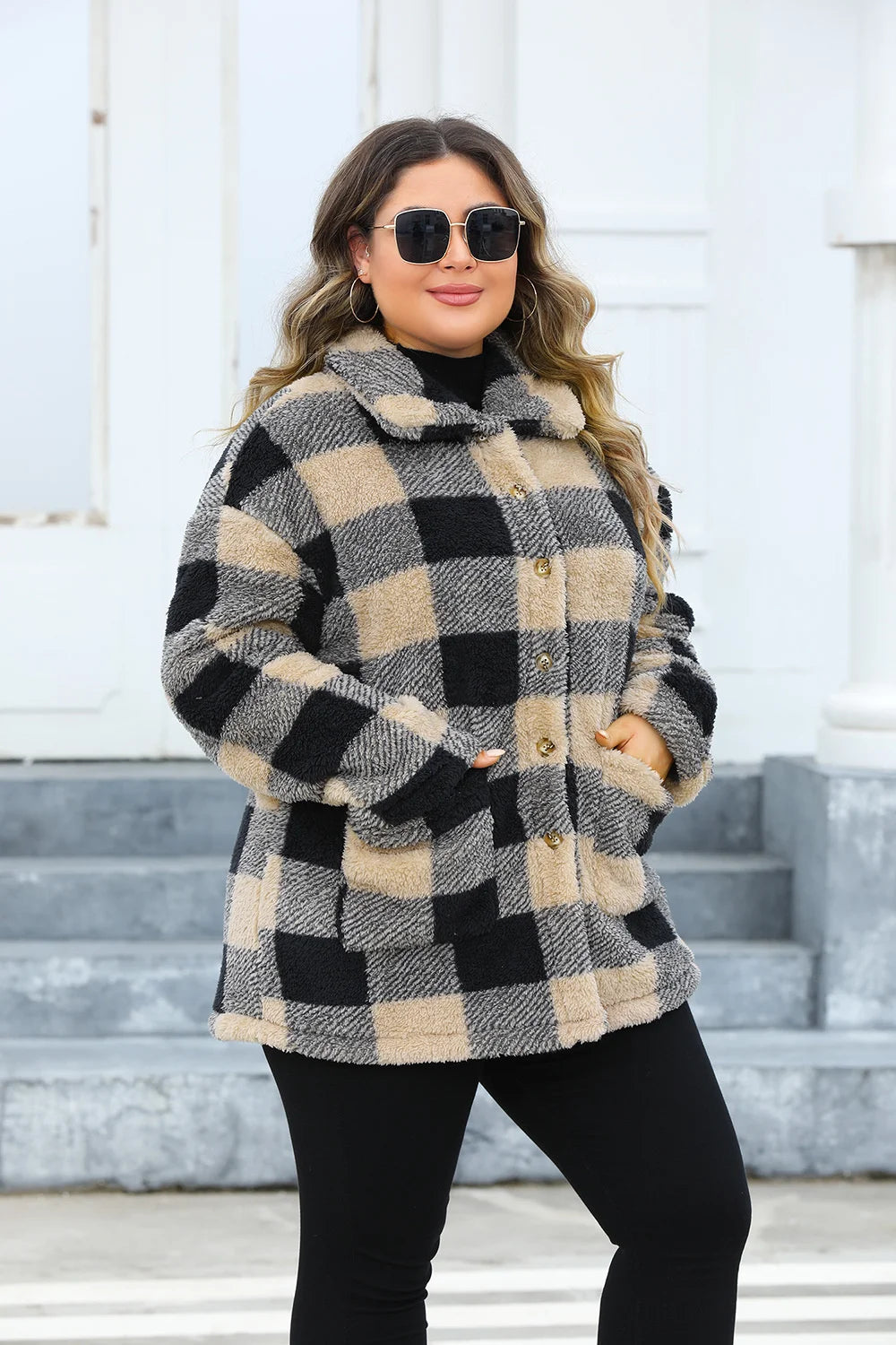 Plus Size Plaid Single Breasted Long Sleeve Plush Lapel Jacket with Pockets