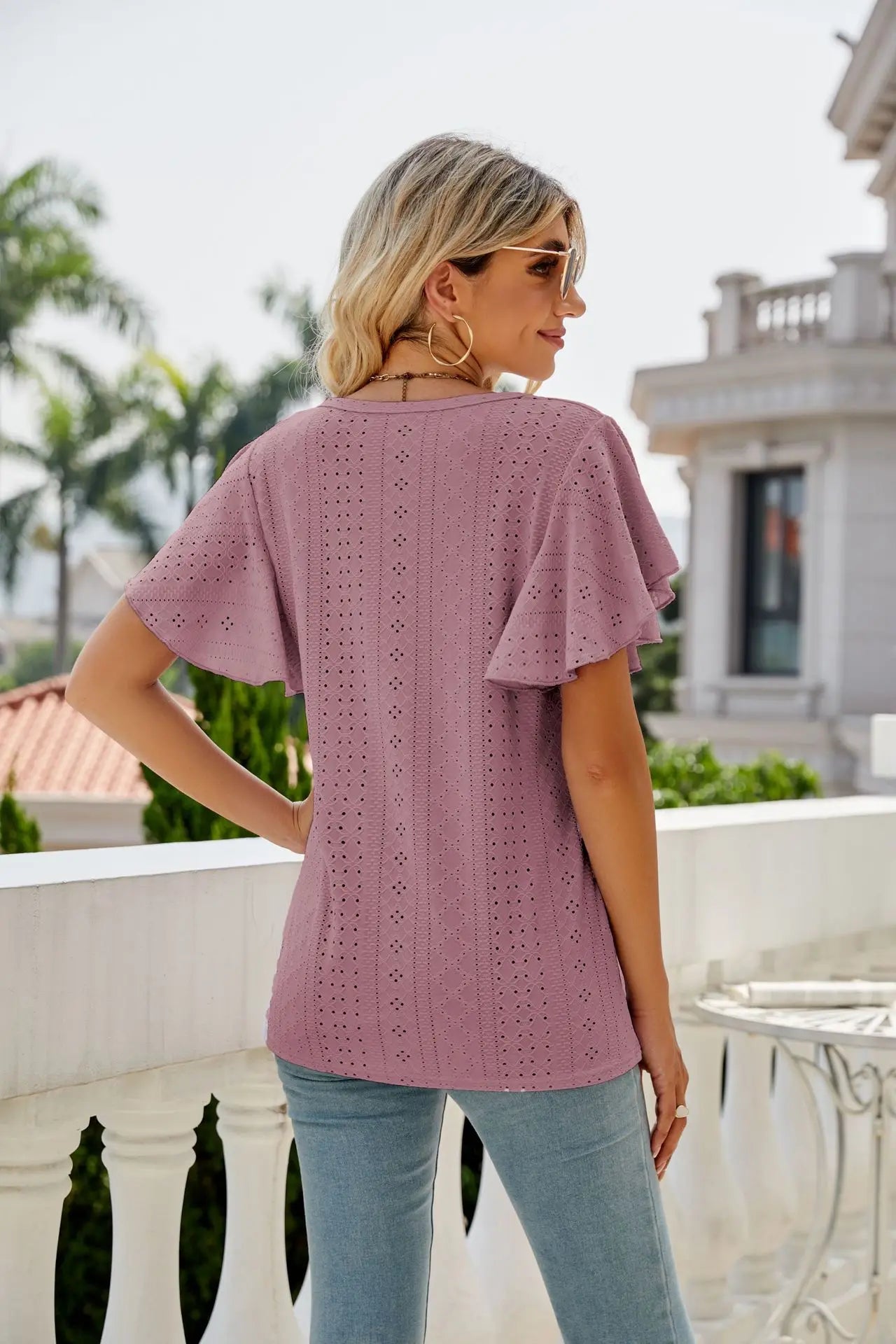 Hollow Round Neck T-Shirt with Ruffle Edge