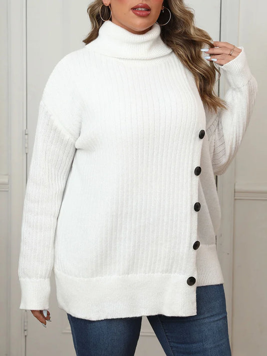 Plus Size Women's Knitted Turtleneck Sweater with Drop Shoulder Button - Casual Pullover