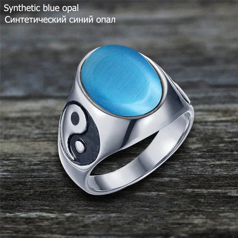 Oval Stainless Steel Yin And Yang Ring with Natural Stone