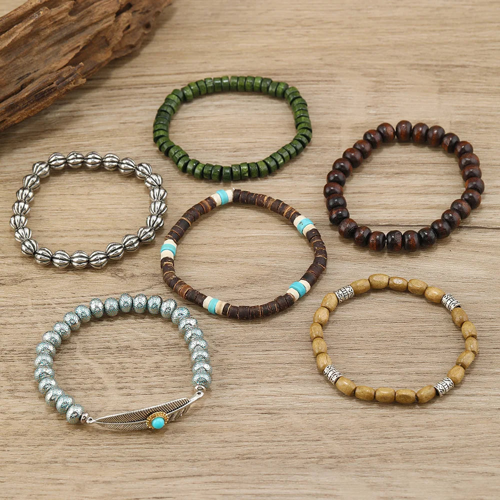 Men's 5-6pc/set Feather Evil Eye Ethnic wood bead tree Charms bracelets