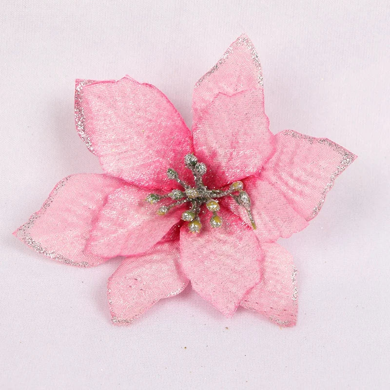 50 Pack Glitter Poinsettia Christmas Tree Ornaments -5-Inch Artificial Silk Flowers -(Pink)