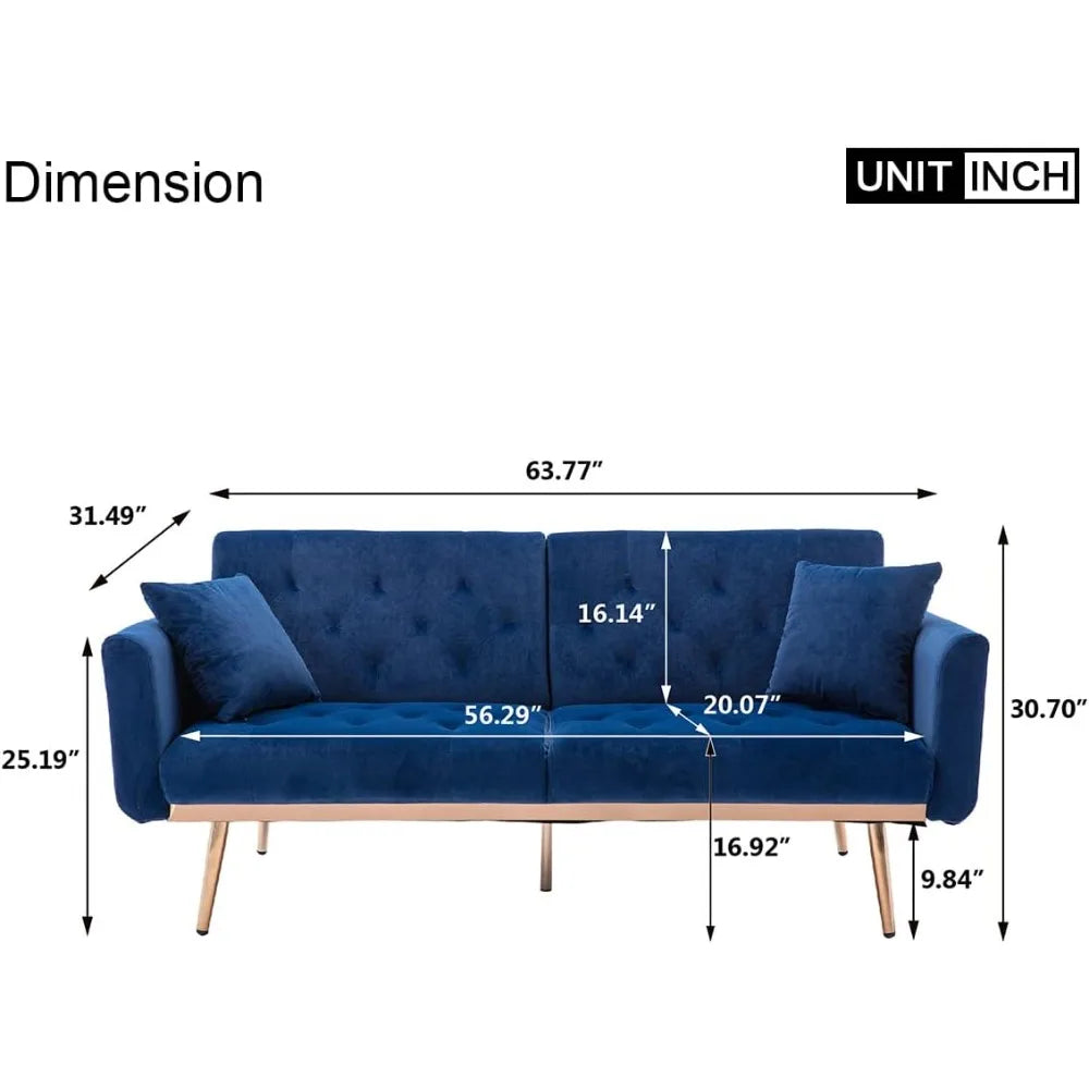 Futon Sleeper Sofa Bed with 5 Golden Metal Legs,  with Two Pillows