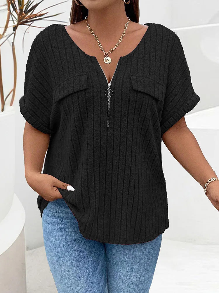 Plus Size Solid O-Ring Zip Front T Shirt