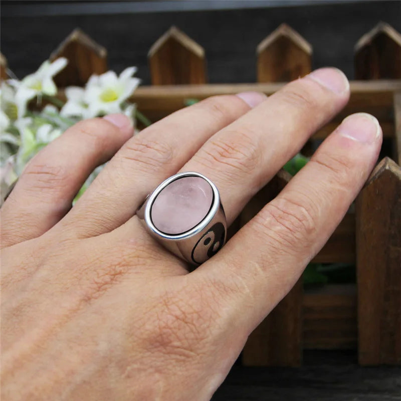 Oval Stainless Steel Yin And Yang Ring with Natural Stone