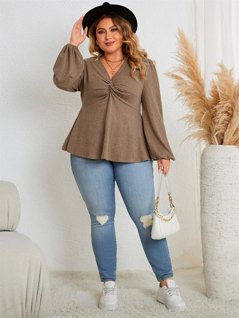 Plus Size Casual V Neck Twist Front Peplum Tunic Blouse with Full Lantern Sleeve