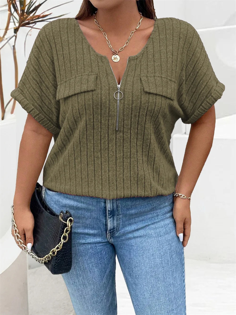 Plus Size Solid O-Ring Zip Front T Shirt