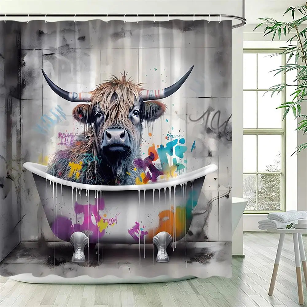 Bath Curtain - Funny Highland Cow Shower Curtains with Hooks