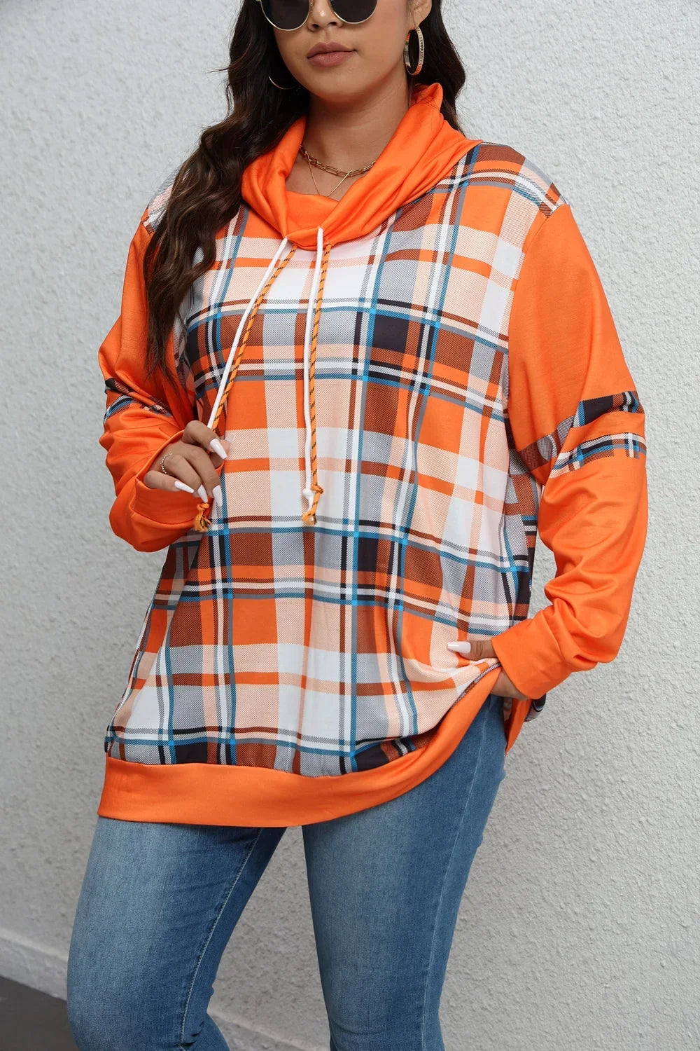 Plus Size- Hooded Sweatshirt -Plaid Printed