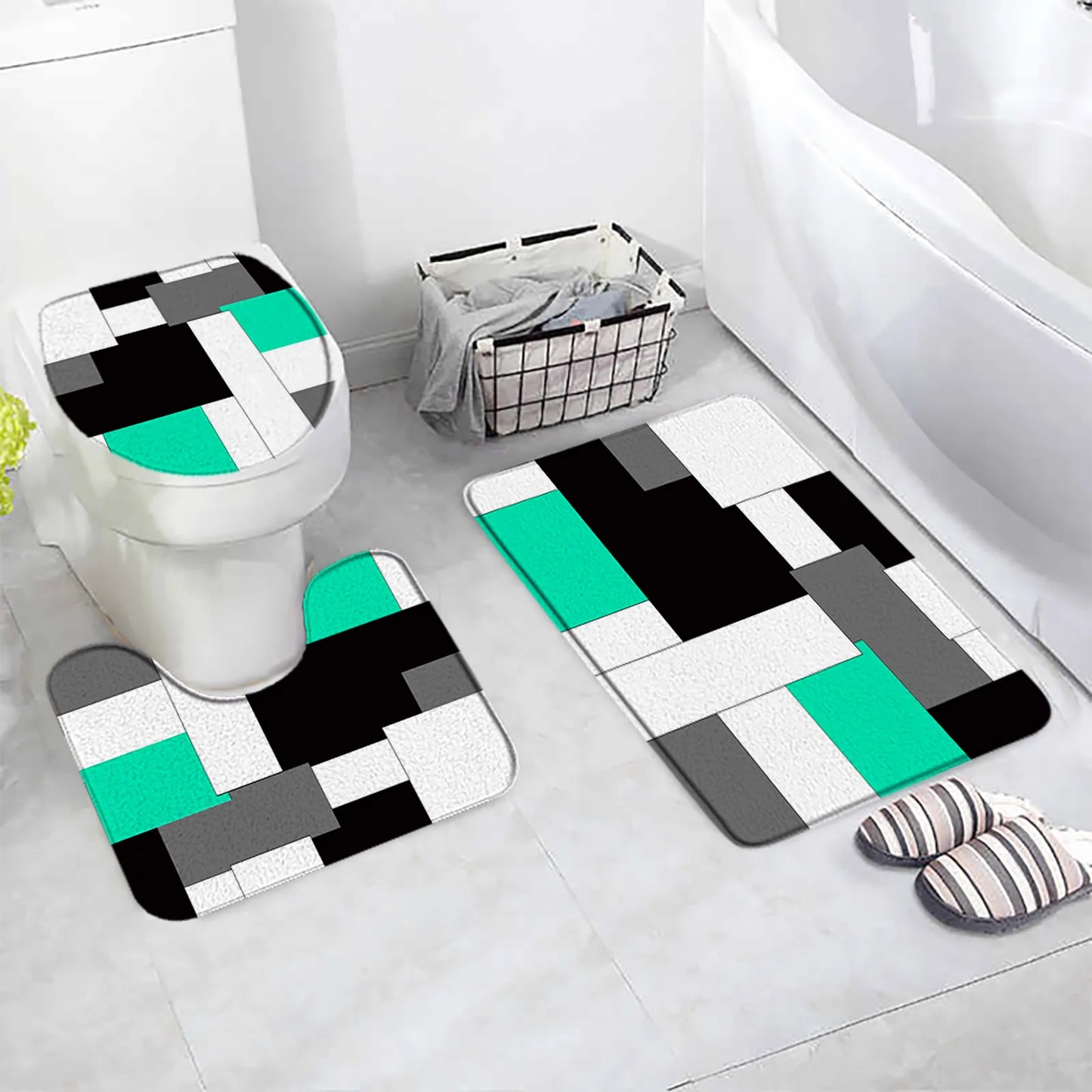 3pcs non slip Bath Mats Set -Splicing Pattern Floor Rugs + Toilet lid cover