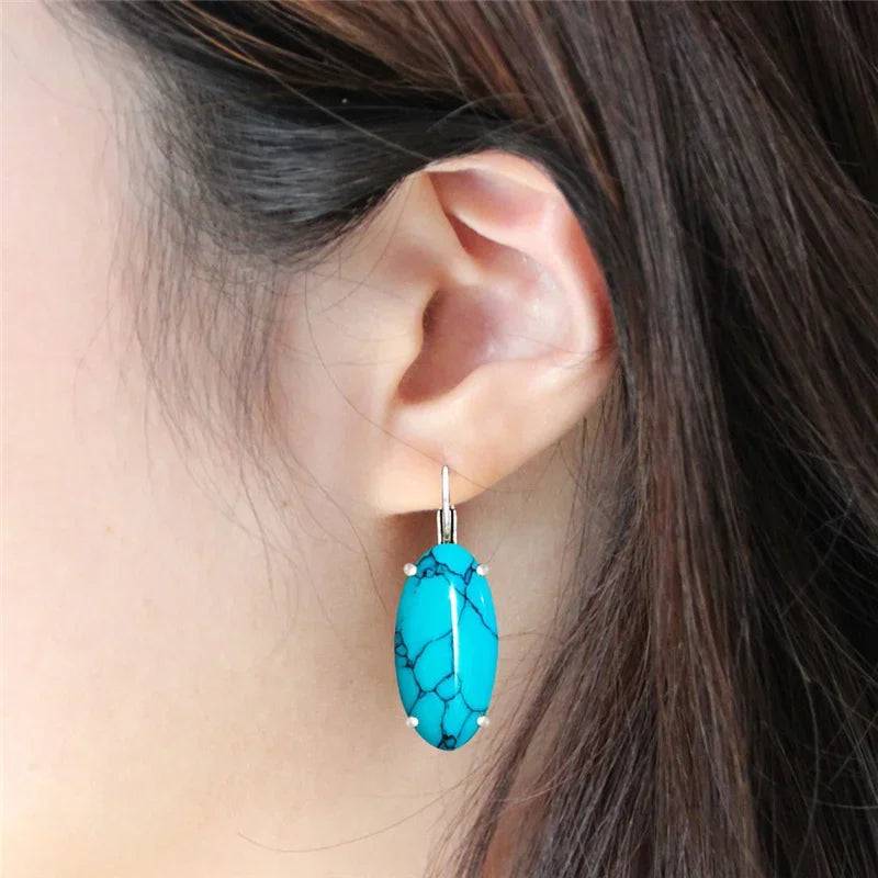 Big Vintage Silver Plated Eye Shape Synthetic Turquoises Earrings