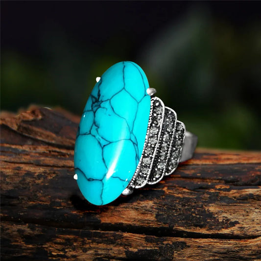 Vintage Silver Plated Eye Shape Synthetic Turquoises Ring