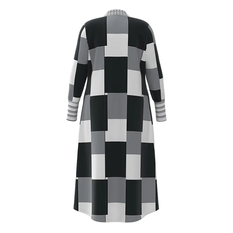 Plus Size Long Coat -Geometric Check Printing Design with Open Front