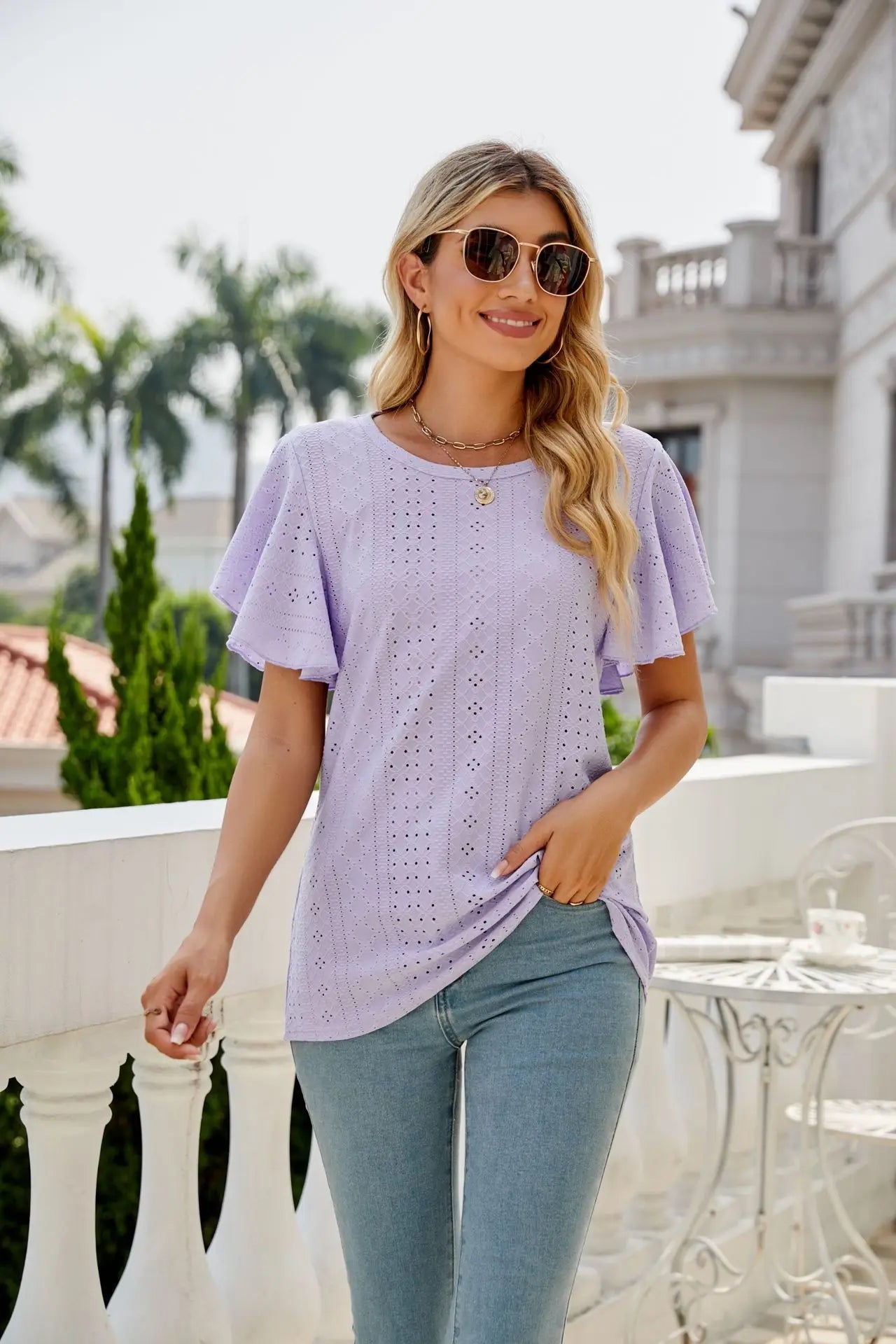 Hollow Round Neck T-Shirt with Ruffle Edge