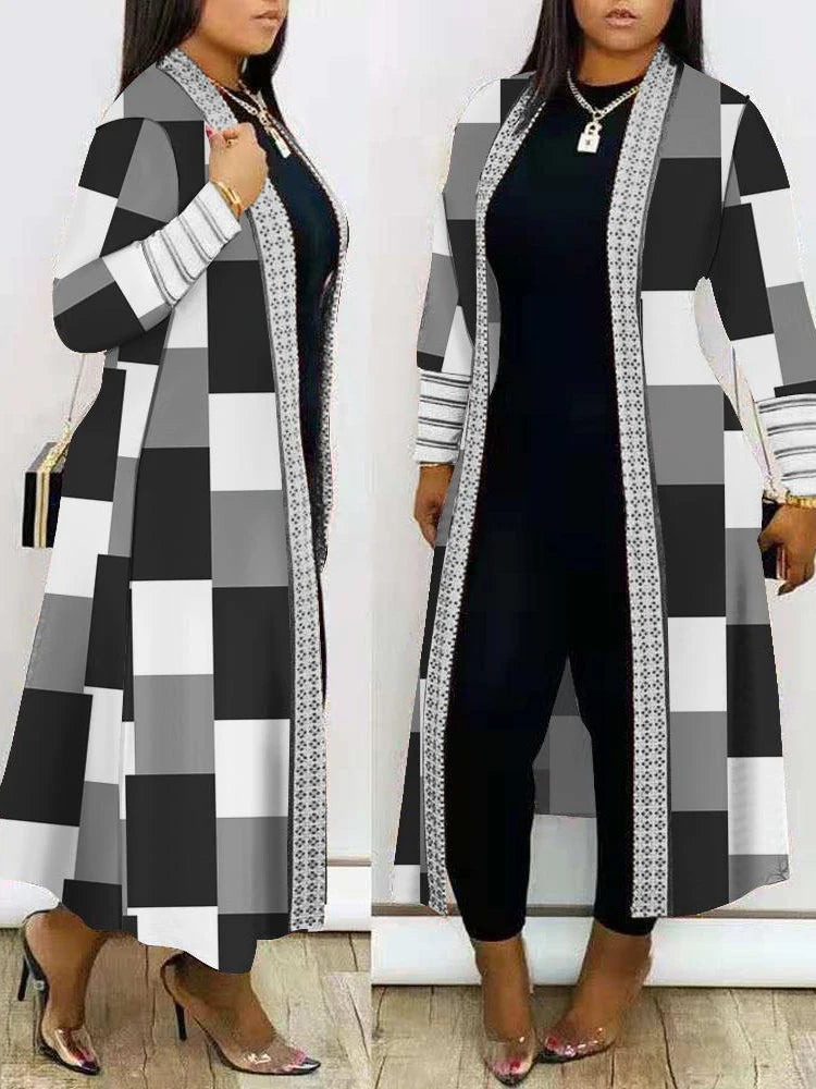 Plus Size Long Coat -Geometric Check Printing Design with Open Front