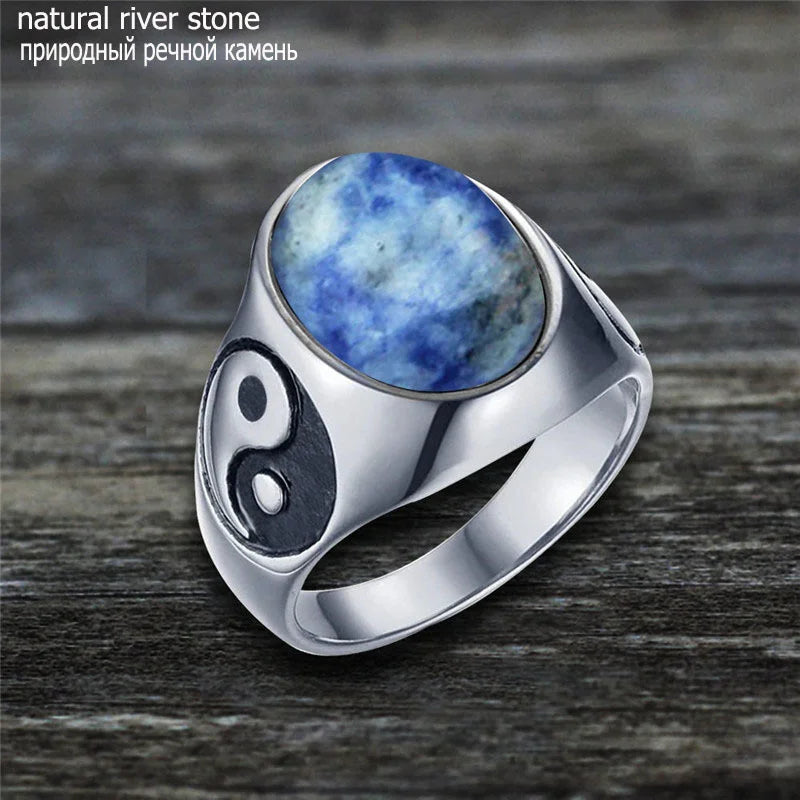 Oval Stainless Steel Yin And Yang Ring with Natural Stone