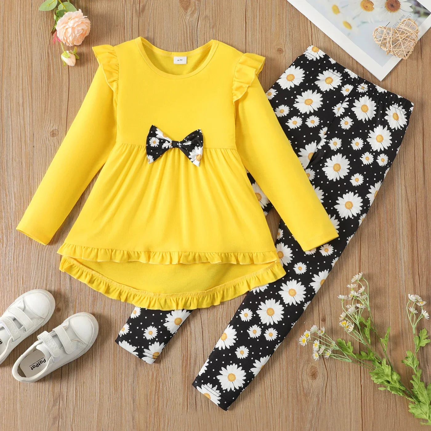 2pcs  Set- Girl Long-sleeve top with Ruffled bow Design and Floral Print Leggings