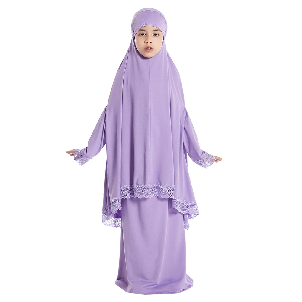 2Pcs Traditional Muslim Kids Girls Hooded Overhead Hijab Burqa Gown