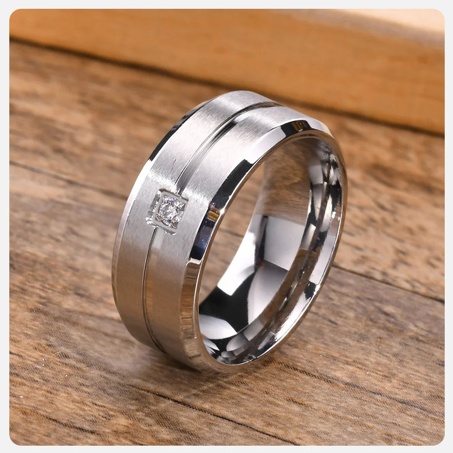 8mm Men's   Matte Stainless Steel Wedding Band, AAA CZ Stone with Grooved Line