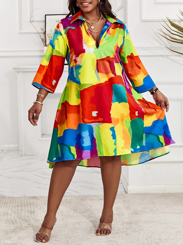 Plus Size Flowy Shirt Dress- All over melting colors print