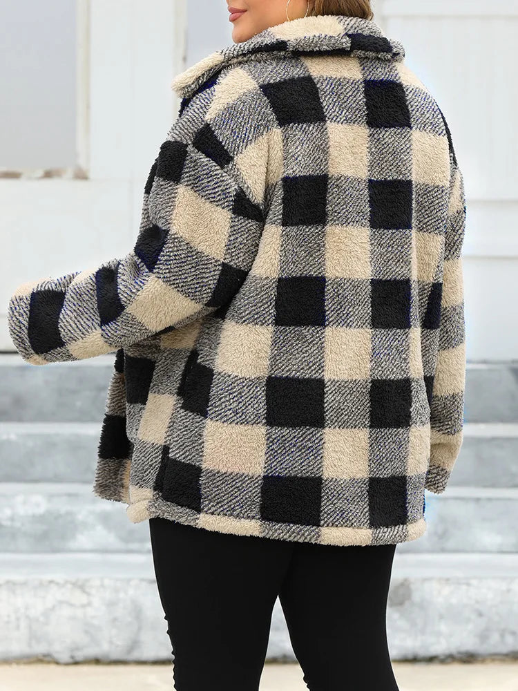 Plus Size Plaid Single Breasted Long Sleeve Plush Lapel Jacket with Pockets