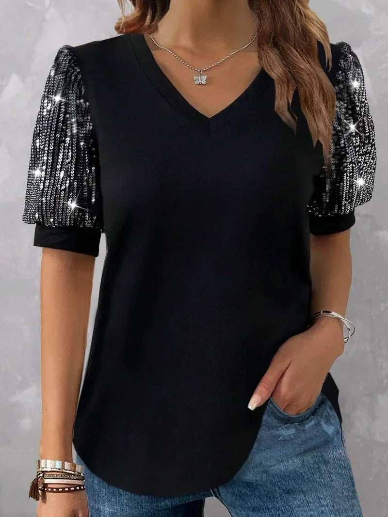 Blusa de cuello en V y mangas farol de talla grande: 1XL-5XL