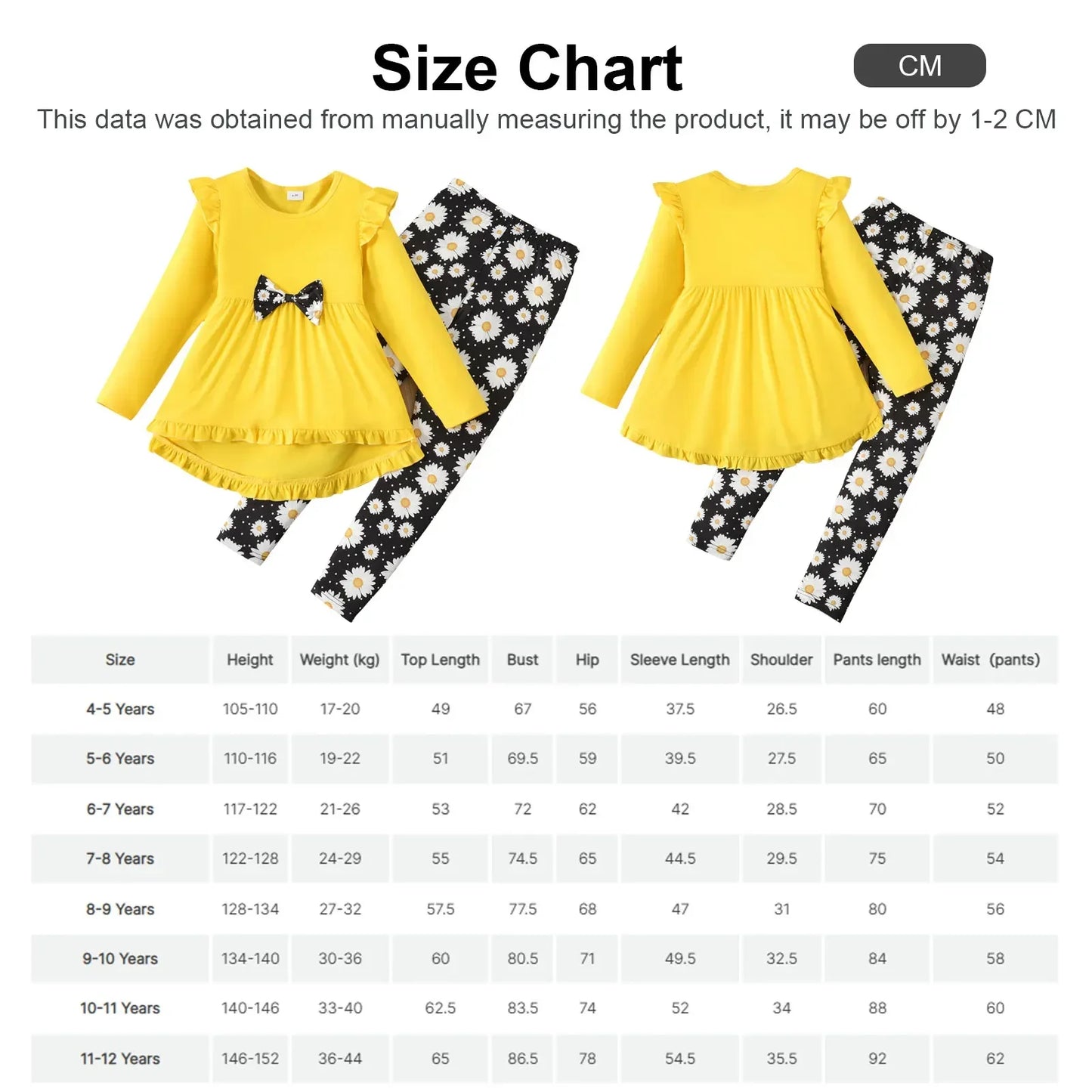 2pcs  Set- Girl Long-sleeve top with Ruffled bow Design and Floral Print Leggings