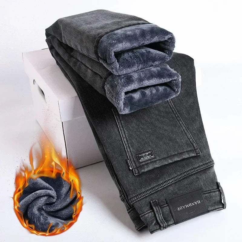 Men's Plush Trousers Winter Fleece Jeans - Slim Straight Leg- Elastic Denim